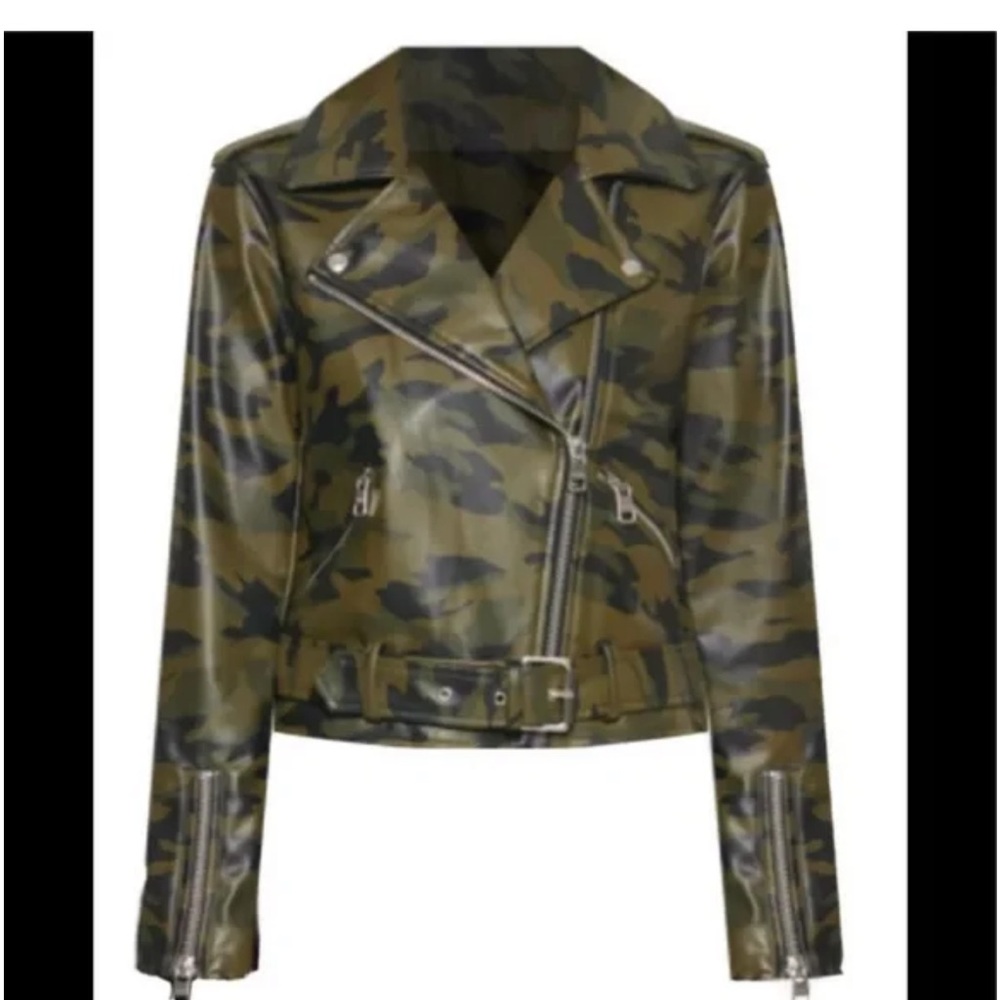 Calvin Klein Green Camouflage Faux Leather Motto Biker Jacket - Picture 8 of 8